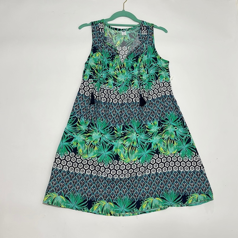 Old Navy Green and Navy Tropical Print Sleeveless Dress
